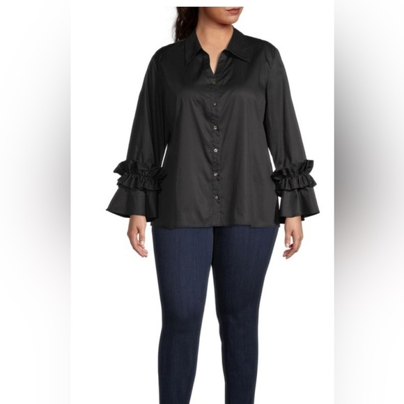 Harshman Women's Size 1X Selina Ruffle-Trim Button Front Cotton Shirt Black - Picture 2 of 11